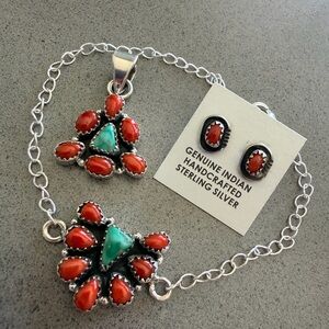 925 Sterling Silver Red Coral & Emerald Valley Turquoise Set & Native Studs